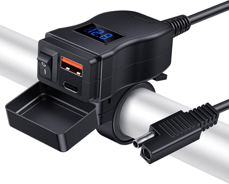 Randpow Motorcycle USB Charger(38W), 6.4A USB Type C 2-in-1 Motorcycle Phone Charger Port, SAE to USB Adapter with ON/Off Switch and LED Voltage Monitor, Suitable for Dirt Bike, ATV (Blue) - Image 1